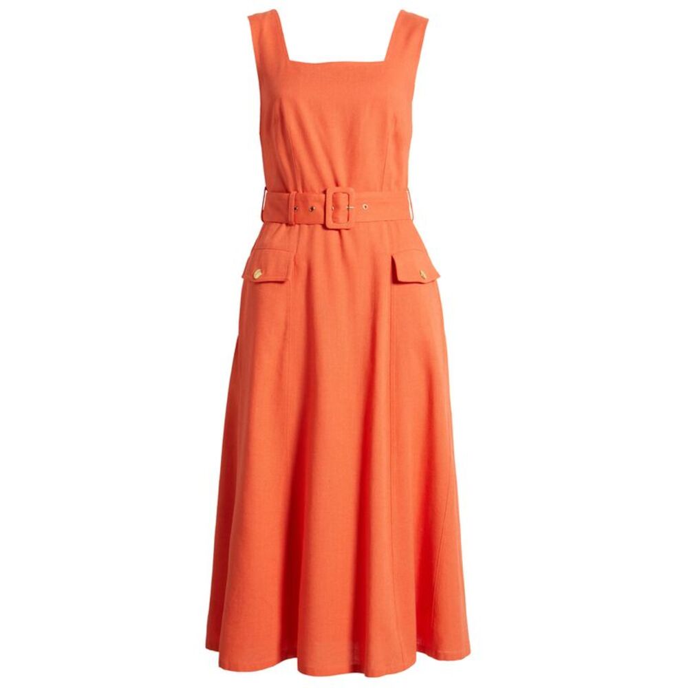 Tahari ASL Womens Square-Neck Belted Midi Dress 14 Clementine - NWT $159